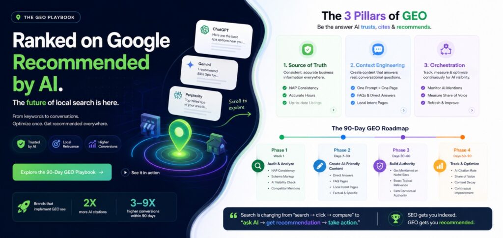 Visual explaining Generative Engine Optimization (GEO) strategy, highlighting AI search optimization, local SEO evolution, three GEO pillars, and a 90-day roadmap to increase AI recommendations and local search visibility.