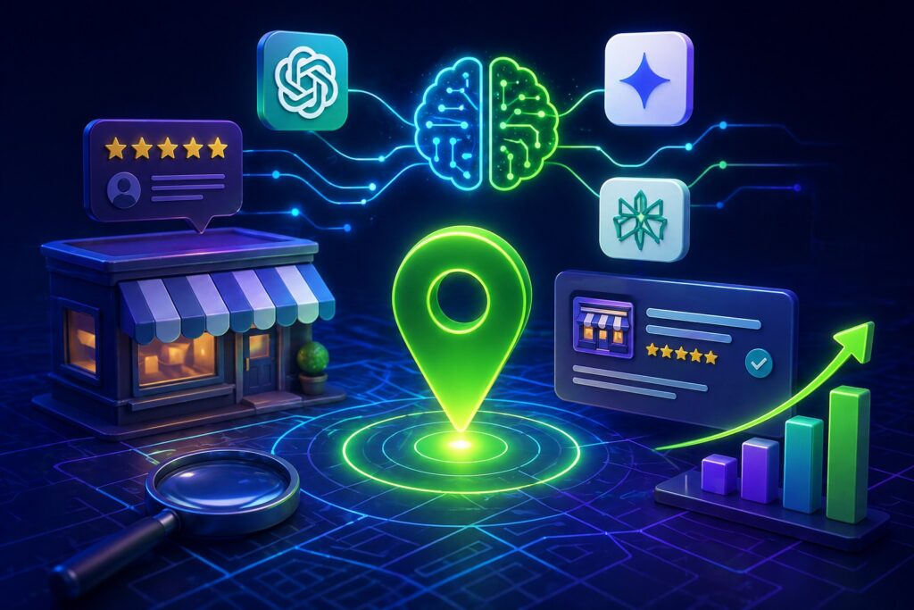 Visual representation of Generative Engine Optimization (GEO) and AI search optimization, highlighting local SEO signals like reviews, business listings, and location data driving AI-powered recommendations.