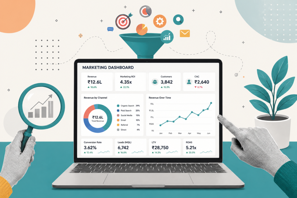 Marketing dashboard displaying GA4 metrics, revenue by channel, ROI, CAC, LTV, and conversion performance for executive business reporting.